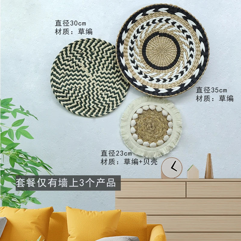 Bohemian Wall Decorations, Woven Grass and Rattan Wall Ornaments, Wall Decorations for Restaurant Background Walls