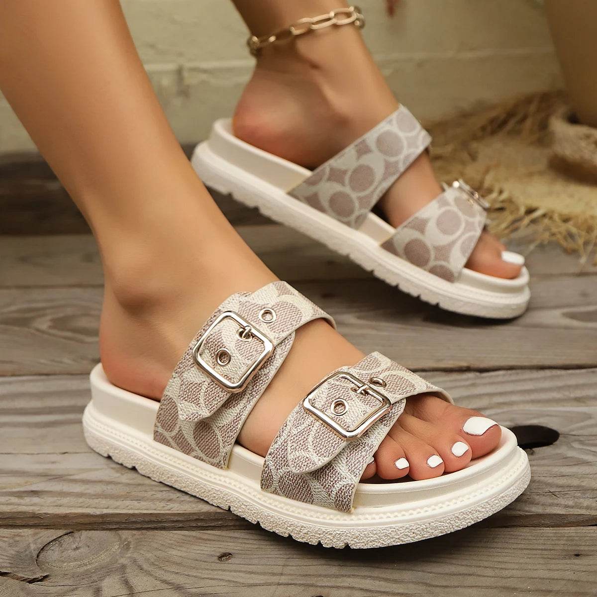 Fashion Thick-soled Metal Buckle Designer Slippers Women's Home Soft-soled EVA Sandals Women's Summer Non-slip Beach Flip-flops - AIAZ