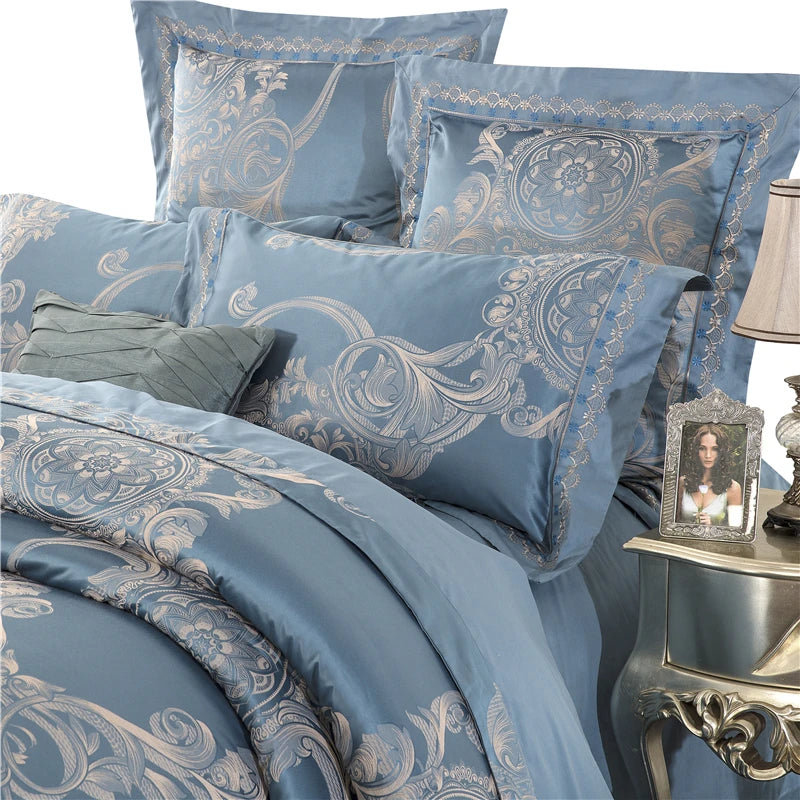 Sliver Gold Luxury Silk Satin Jacquard duvet cover bedding set queen king size Embroidery bed set bed sheet/Fitted sheet set