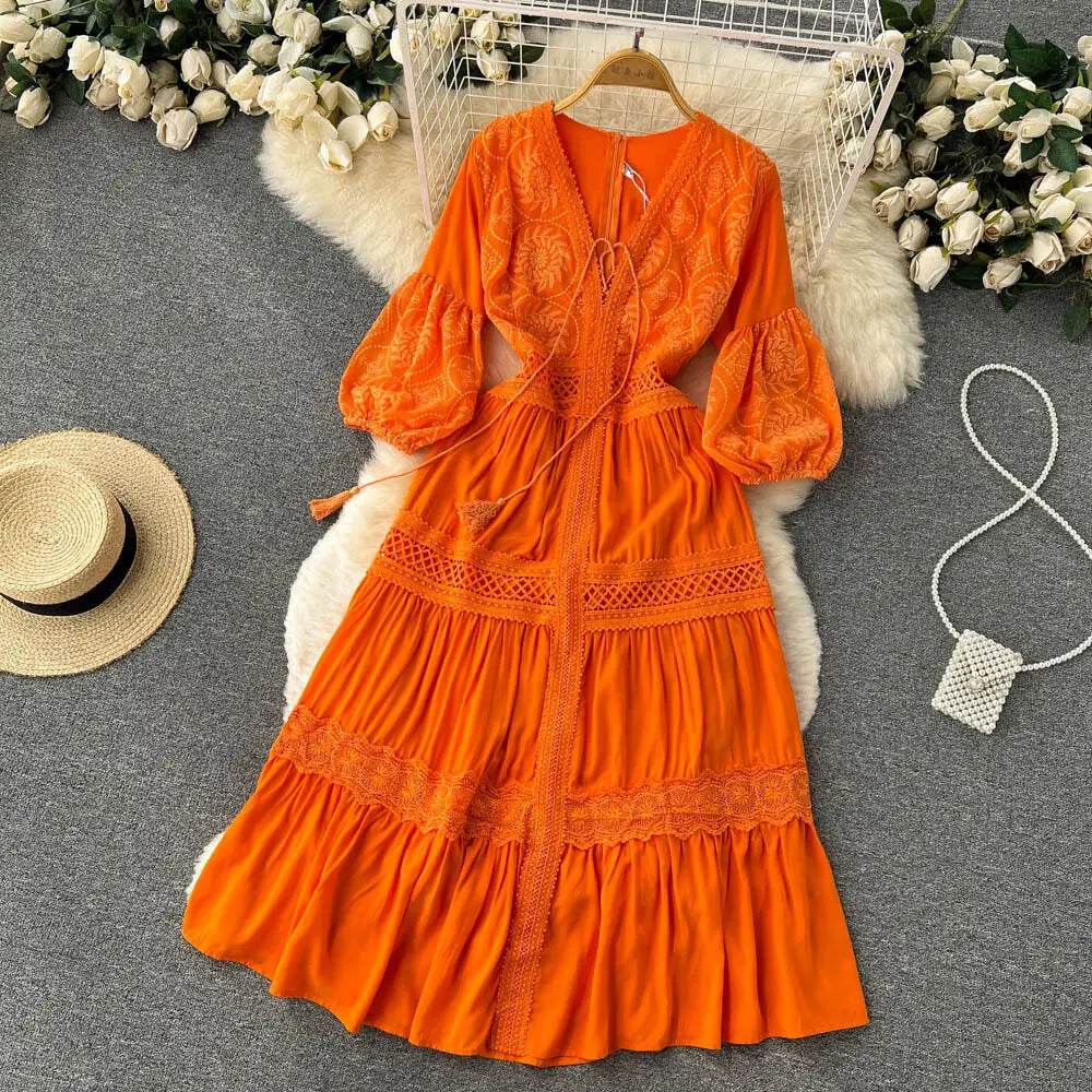 New Women Lantern Sleeved Elegant Dress Summer French Hollowed Out Mid Length Dresses Korean Style Vintage Long Dress - AIAZ