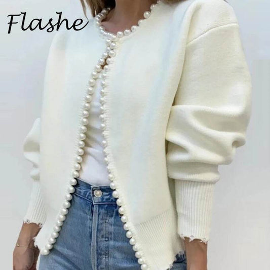 Women Casual Cardigan Sweater Elegant Long Sleeve Knit Sweater With Pearls Elegant White Sweater Coat Jacket - AIAZ