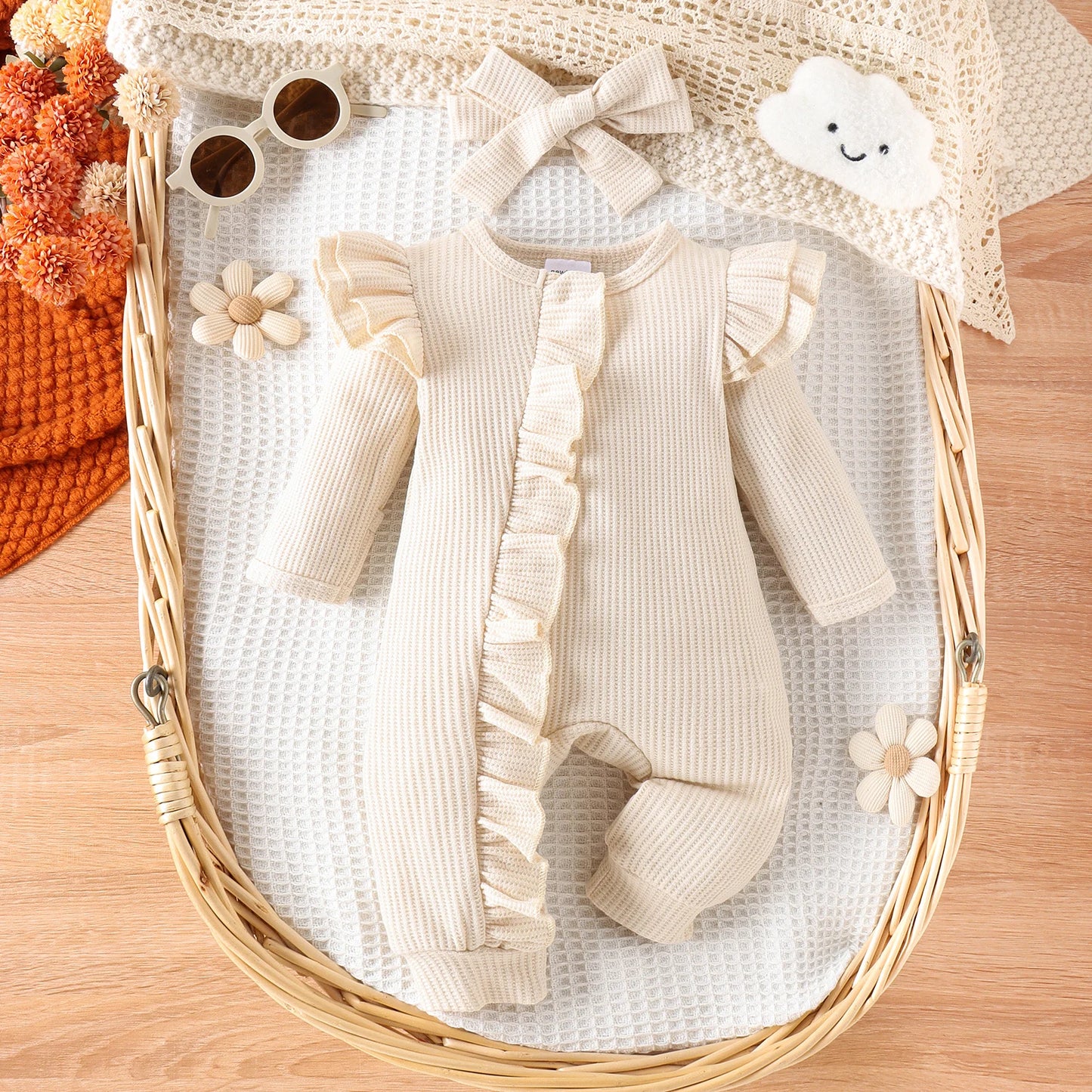 2PCS Autumn New Style 0-1 Year Old Girl Baby Sweet And Cute Solid Color Flying Sleeve Waffle Long-Sleeved Jumpsuit + Hair Band