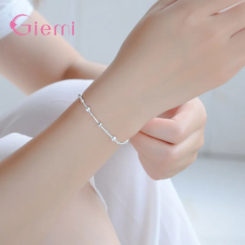Simple Fashion 925 Sterling Silver Round Beads Chain Bracelet for Women Girl Birthday Party Gift Jewelry Bijoux