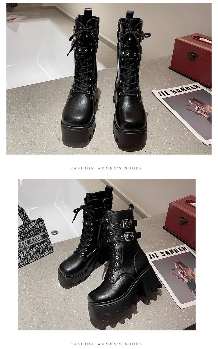 Trend Punk Women's Boots Buckle Platform Boots Mid-calf Gothic Boots for Women Autumn Ladies Motorcycle Boot Pu Leather Shoes