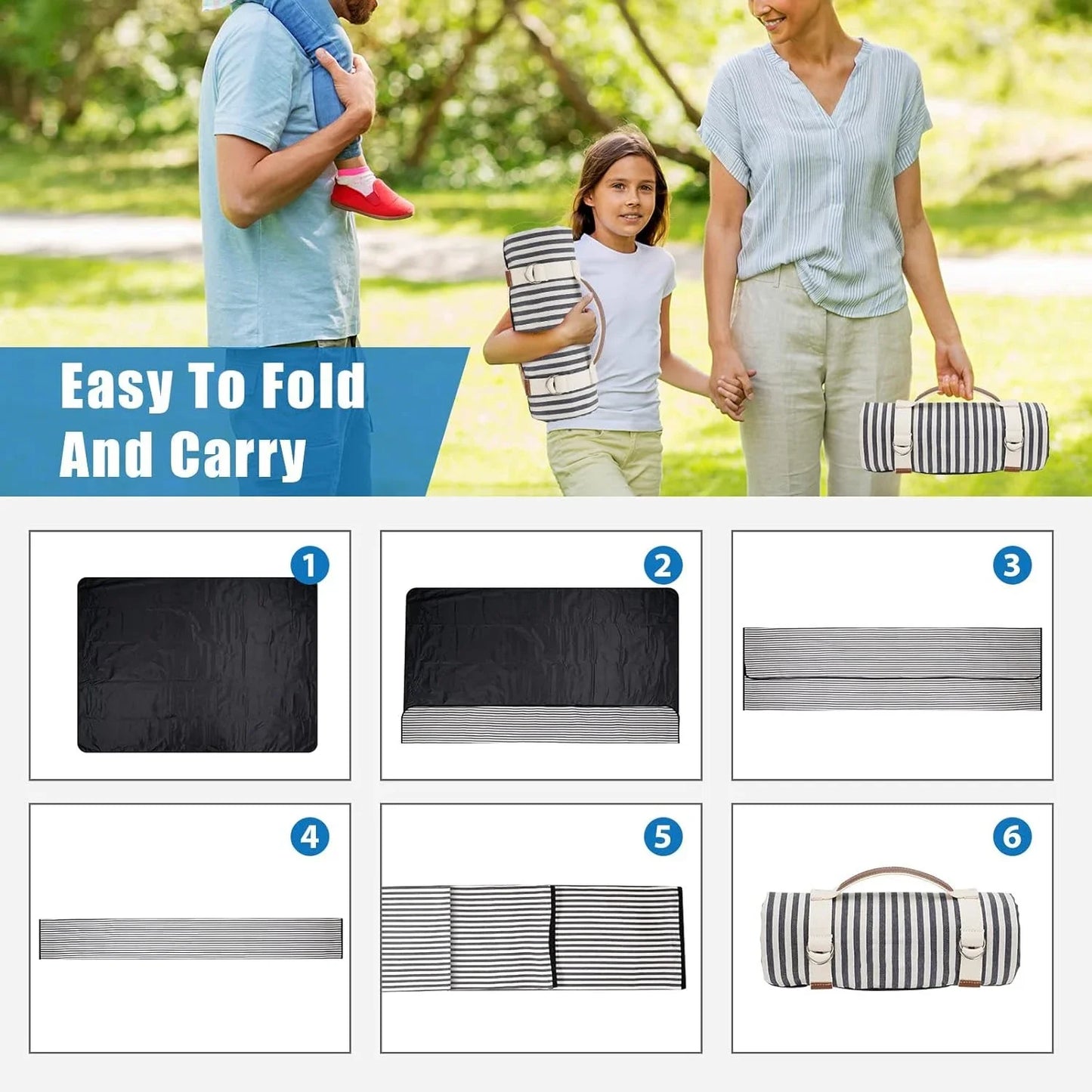 Waterproof Picnic Blanket with Carry Strap for Beach Mat or Family Outdoor Camping Party Large Picnic Outdoor Blanket