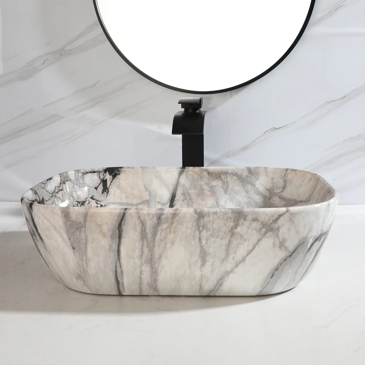 JIENI Bathroom Marble Style Vessel Sink Set Square Ceramic Basin Bowl Sink Black Faucets High-end European Modern Washbasin