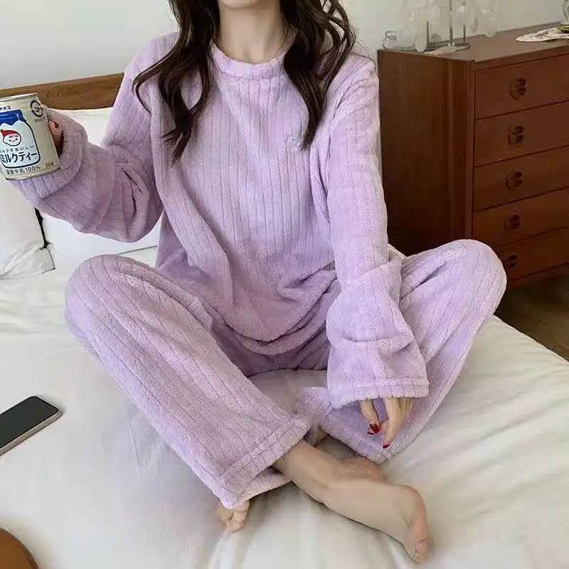 Autumn Women Solid Warm 1/2 Piece Sets Thicken Velvet Ribbed Fleece Set Pullover And Pants Women Casual Pajama Sets 2025 - AIAZ