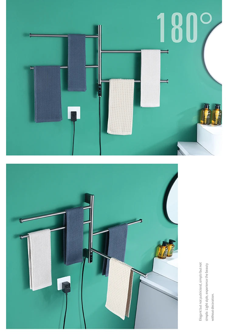 Rotatable Bathroom Electric Heated Carbon Fiber Towel Rail Warmer Digital Display Temperature Time Control Smart Home Bar Dryer
