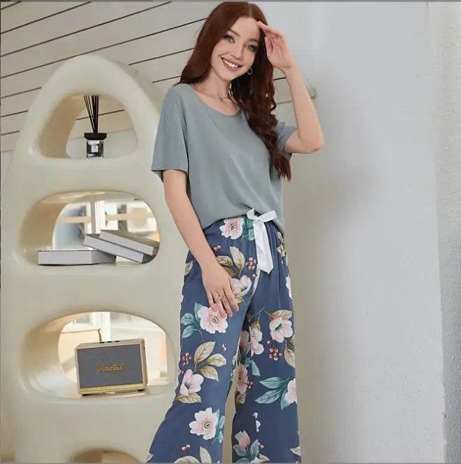 Breathable 2PCS Pajama Short Sleeve Printed Pijama Mujer Femme Loose Nightwear Suit Female Casual Homewear Pajama Set For Women - AIAZ