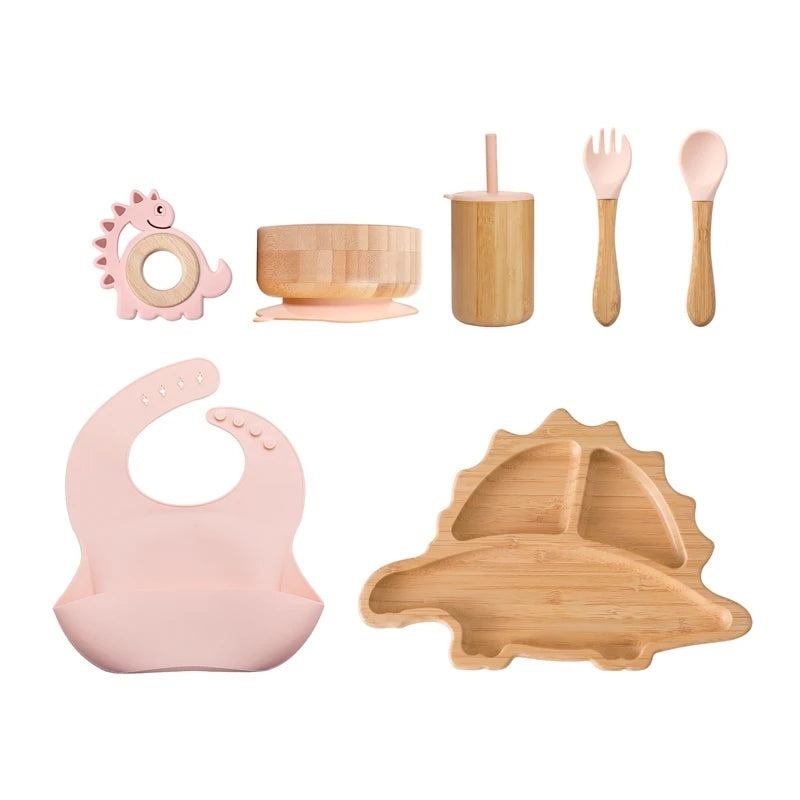 7pcs Silicone Baby Feeding Set Baby Feeding Supplies Kids Bamboo Dinnerware With Cup Children's Dishes Bowl Stuff Tableware Gift