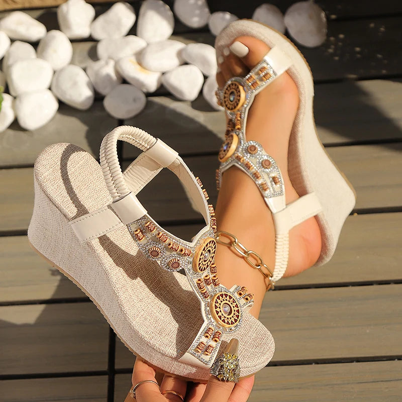 Chunky Platform Super High Heels Beaded Sandals Bohemian Style Wedge Heel Ankle Strap Sandals for Women 2025 Summer Beach Shoes