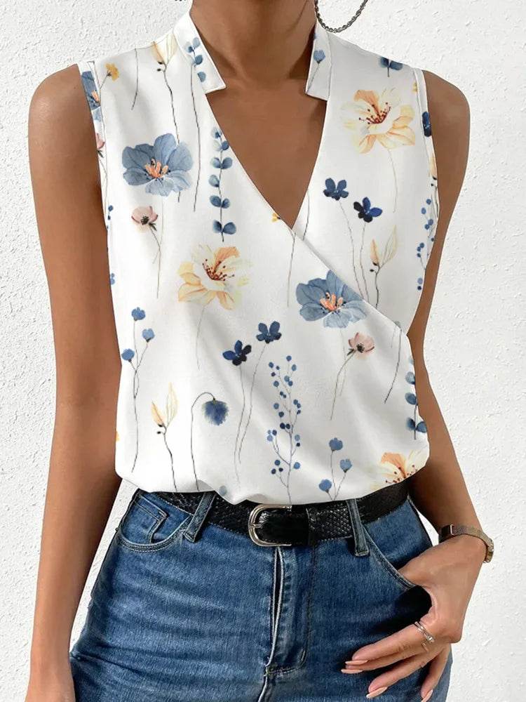 Fashion V-neck Sleeveless Print Women Tops And Blouses 2024 Summer Casual White Tank Top Femme Shirt Top - AIAZ