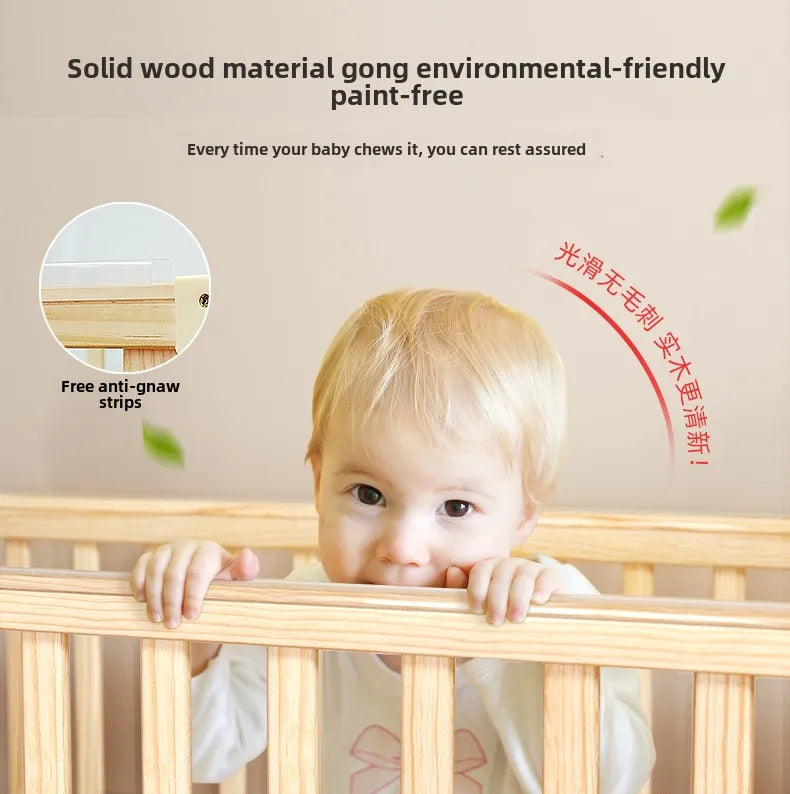 Crib Solid wood newborn baby cradle Multifunctional paint-free movable children's splicing bed air mattress 103 cm long