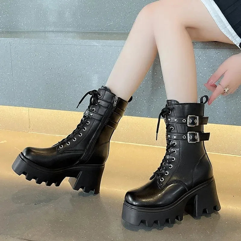 Trend Punk Women's Boots Buckle Platform Boots Mid-calf Gothic Boots for Women Autumn Ladies Motorcycle Boot Pu Leather Shoes