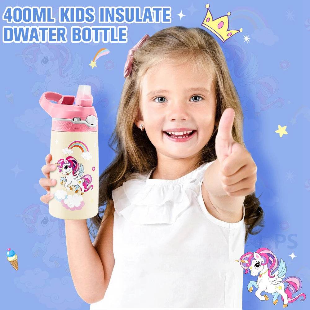 400ML Kids Water Bottle Cartoon Animal Children's Cup With Straw Stainless Steel Vacuum Flacks Thermos Bottle Thermal Mug Cups - AIAZ