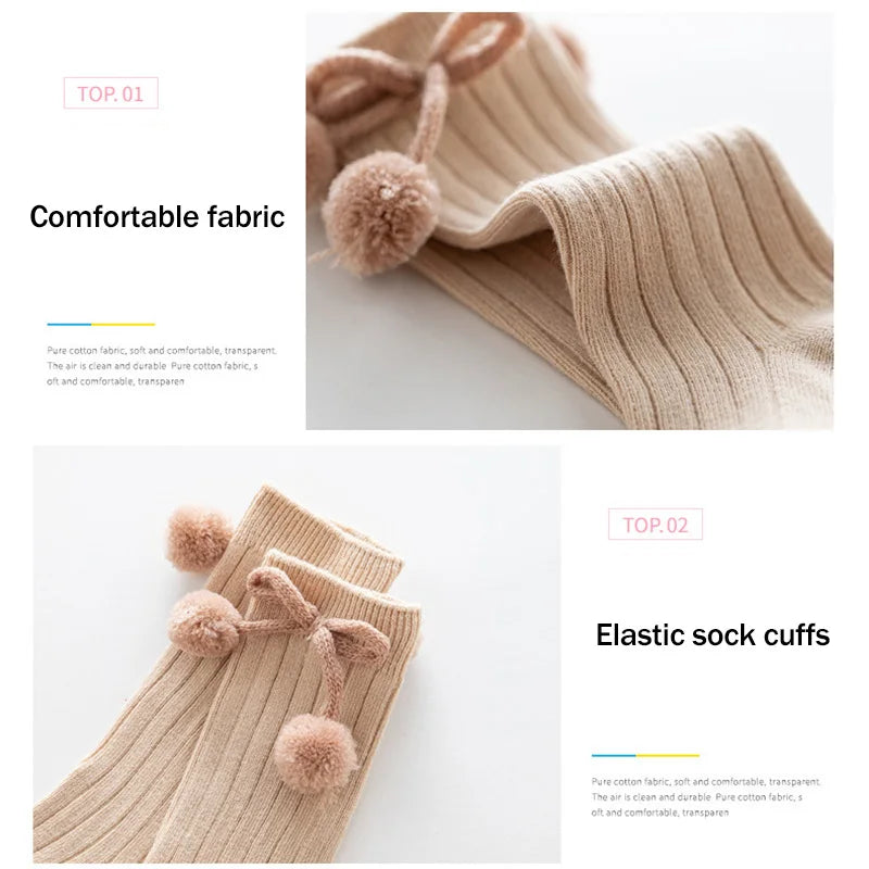 Baby Socks Solid Cotton Soft Long Princess Socks with Cute Pom-Pom Bow Decor Boy Girls Stretchy Warm Cozy Casual Socks Stockings
