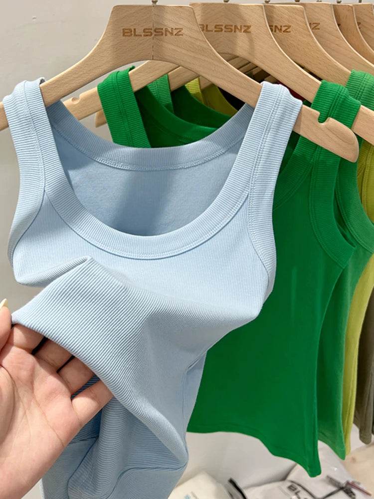Women Solid Round Neck Ribbed Tank Top Camisole Women 2025 Summer Basic Elastic Tank Top O Neck Solid Tank Top - AIAZ