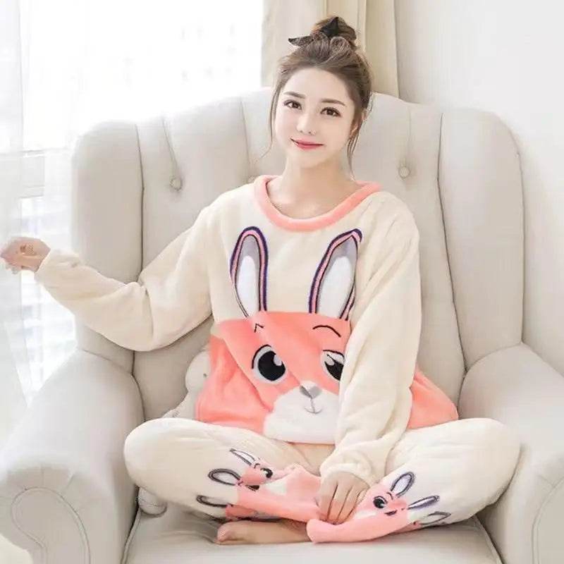 Women Pajamas Autumn Winter Flannel Warm Woman Sleepwear Korean cute Cartoon Pajama Set Fashion Pijama Mujer Home Cloth Pyjamas - AIAZ