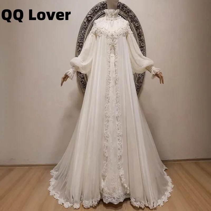 Fashion Chiffon Appliques Muslim Wedding Dresses Long Sleeve High Neck Bridal Gown Arabic Dubai Vestidos De Novia Customized - AIAZ