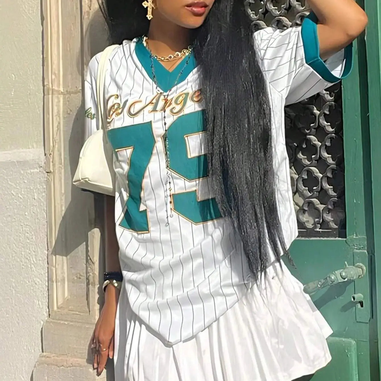 Women's Los AngelesLetter Print V-Neck Short Sleeve T-Shirt Summer Graphic Tee Baseball Jerseys Oversized Sport T-Shirt