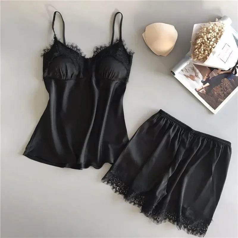Women Pajama Suit Fashion V-Neck Stretch Satin Babydoll Lace Sexy Lingerie Bowknot Pyjamas Sleep Shorts Set Sleepwear New - AIAZ