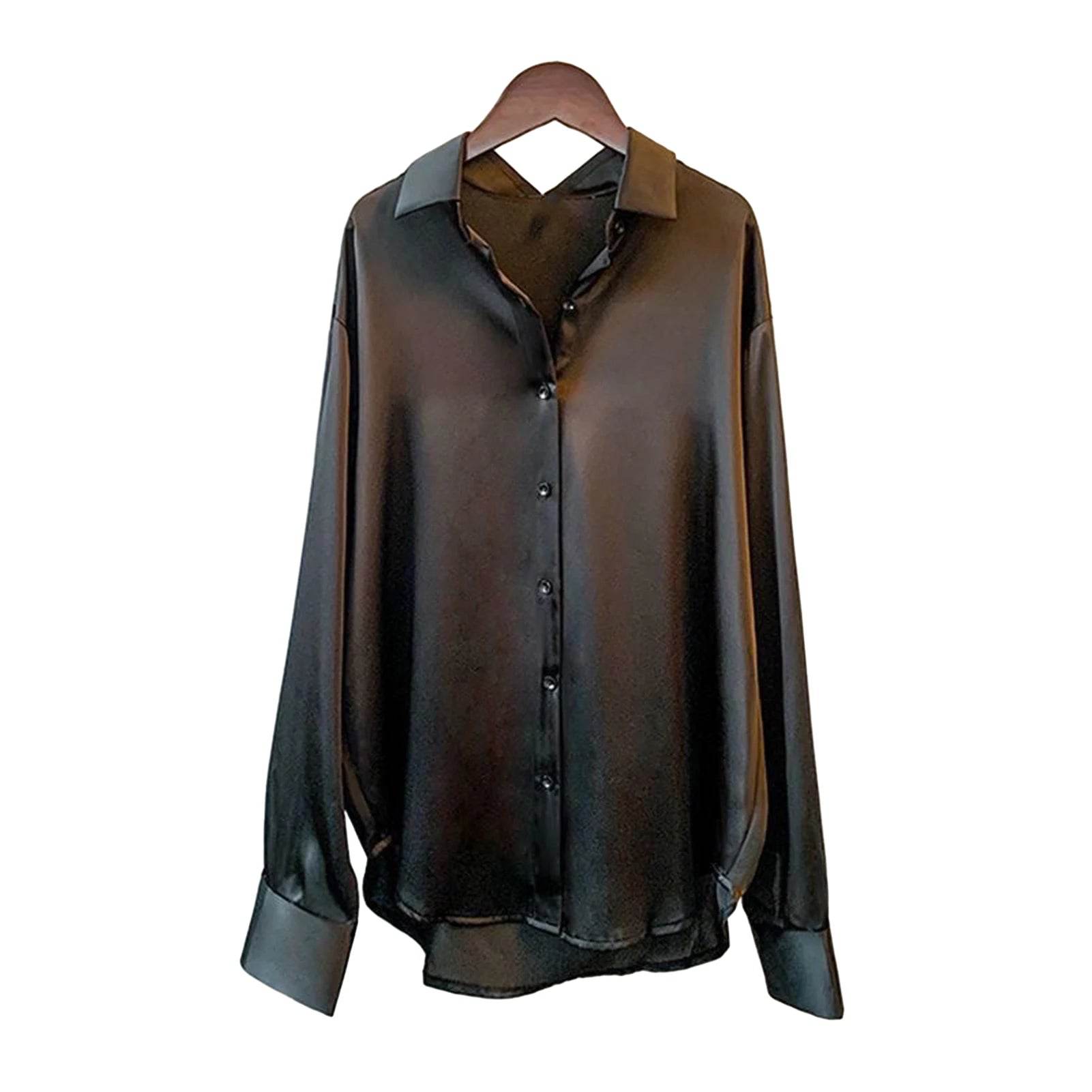 Soft Business Shirt Elegant Silky Satin Women's Spring Fall Blouse with Turn-down Collar Long Sleeve Single-breasted for Formal - AIAZ