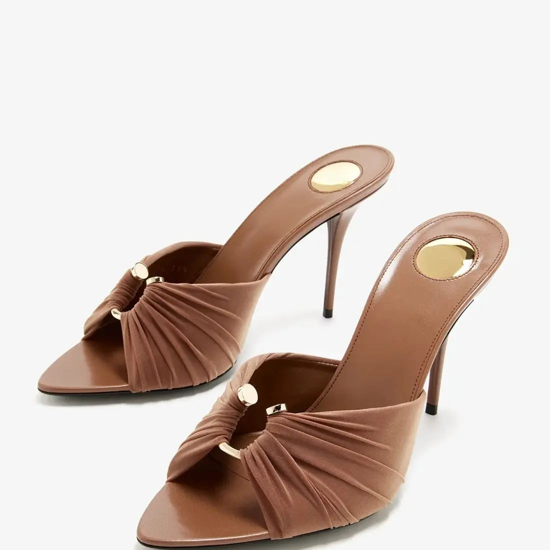 Brown Satin Pointed Toe Women Sandals Ankle Strap Buckle Thin High Heels Summer Stilettos Slingback Mules Women New Arrival 2025