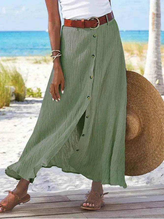 Women Skirt 2025 Spring Summer New Fashion Casual Cotton And Linen Solid Color Buttons Skirt Split A- Line Hip Waist Long Skirt - AIAZ