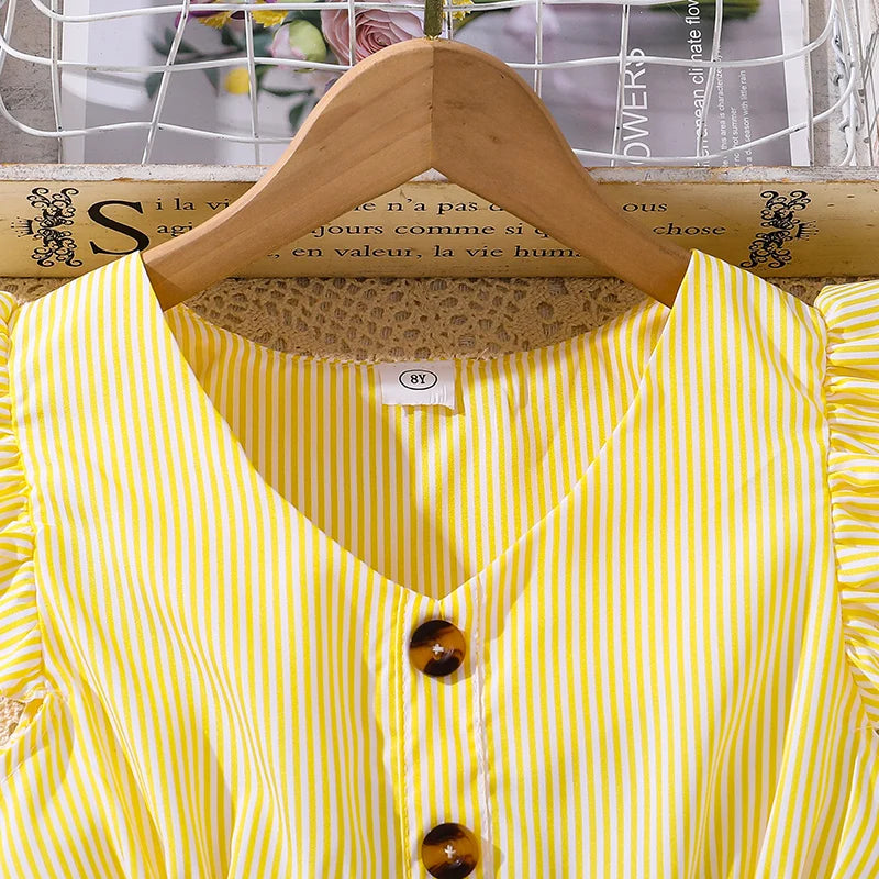 Girl Dress Summer New Light Blue Stripe Ruffled Sleeveless V-Neck Dress Elegant Cute Daily Casual Vacation Preppy Style Outifits