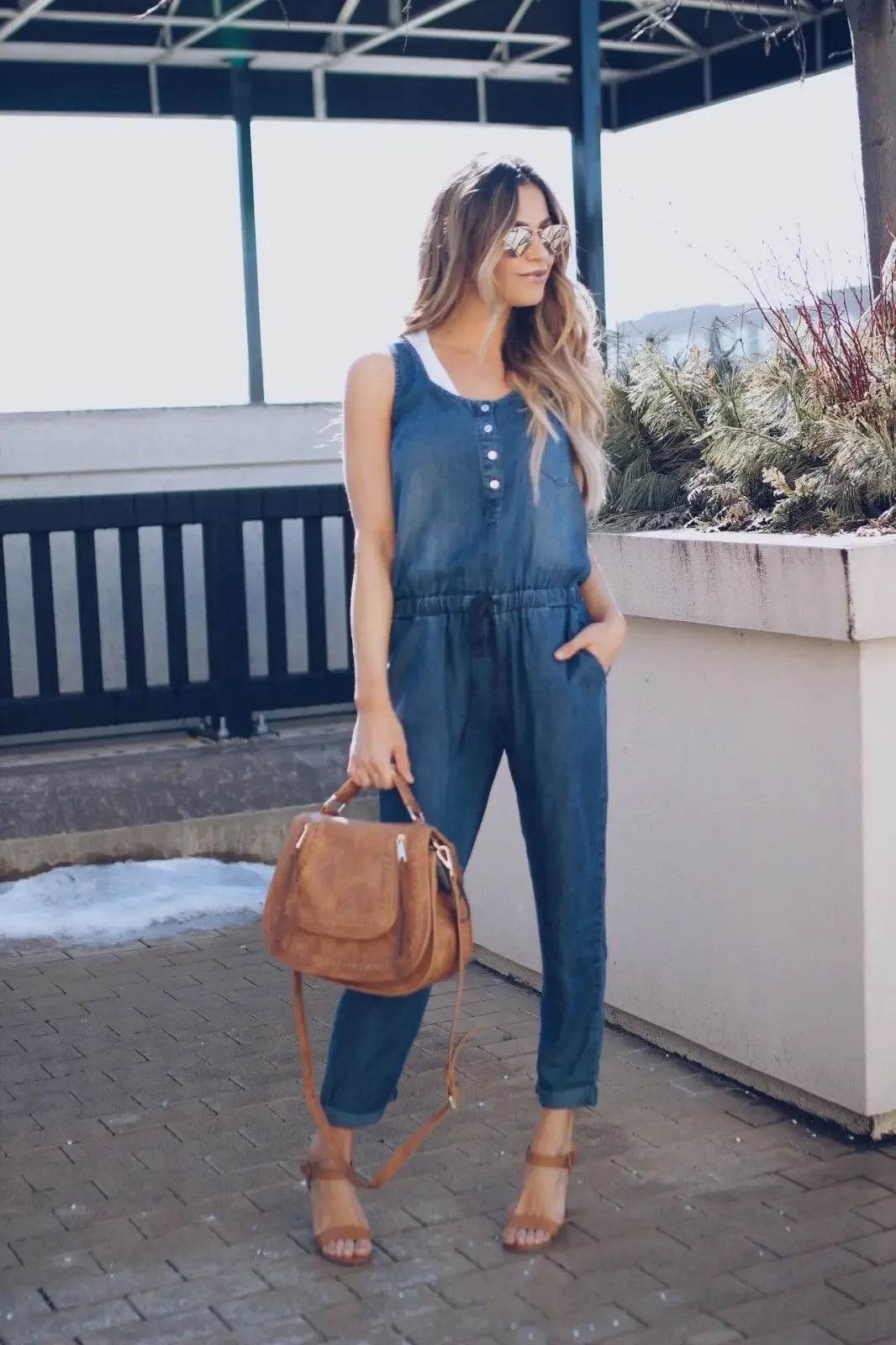 Summer Fashion Jumpsuit for Women Romper Overalls Single-breasted Casual Denim Trousers Sleeveless Ankle Pants Loose Jumpsuits - AIAZ