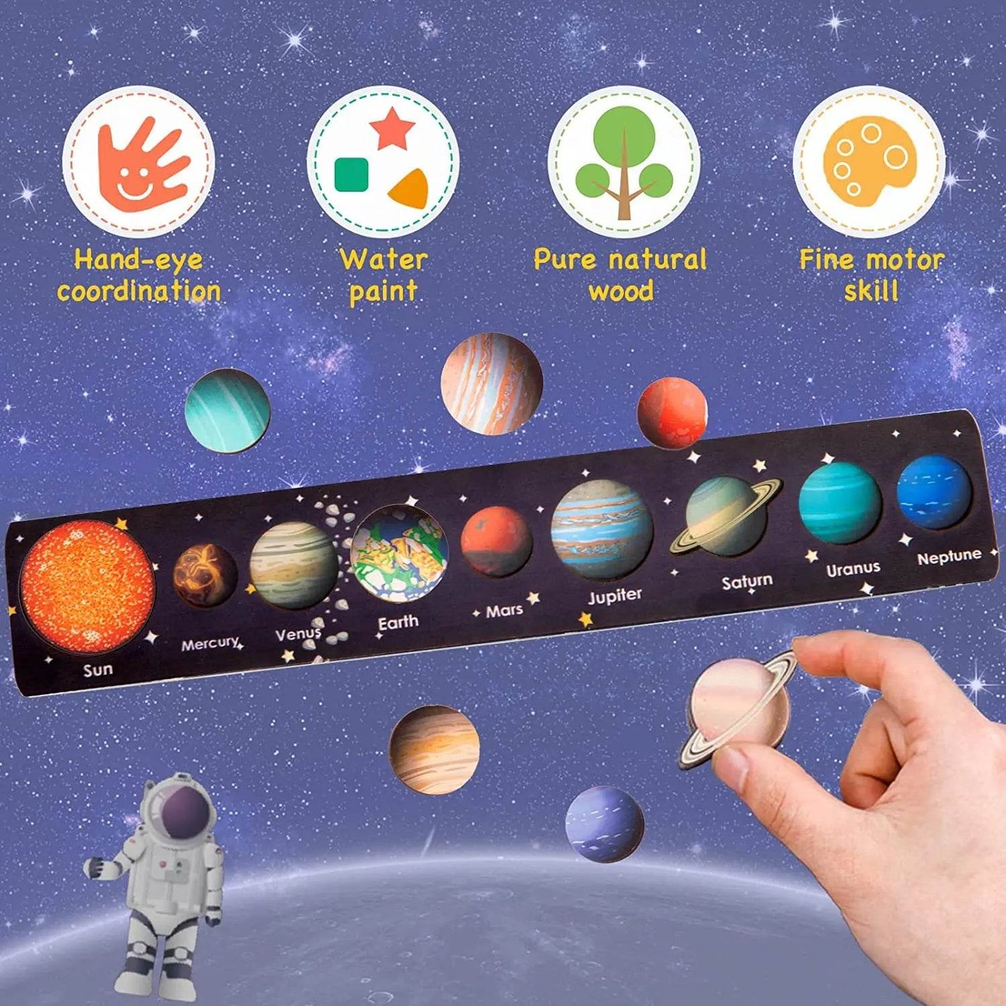 Children Wooden Space Planet Puzzles Montessori Toys Planet Matching Game Jigsaw Tray Universe Solar System Science Learning Toy - AIAZ