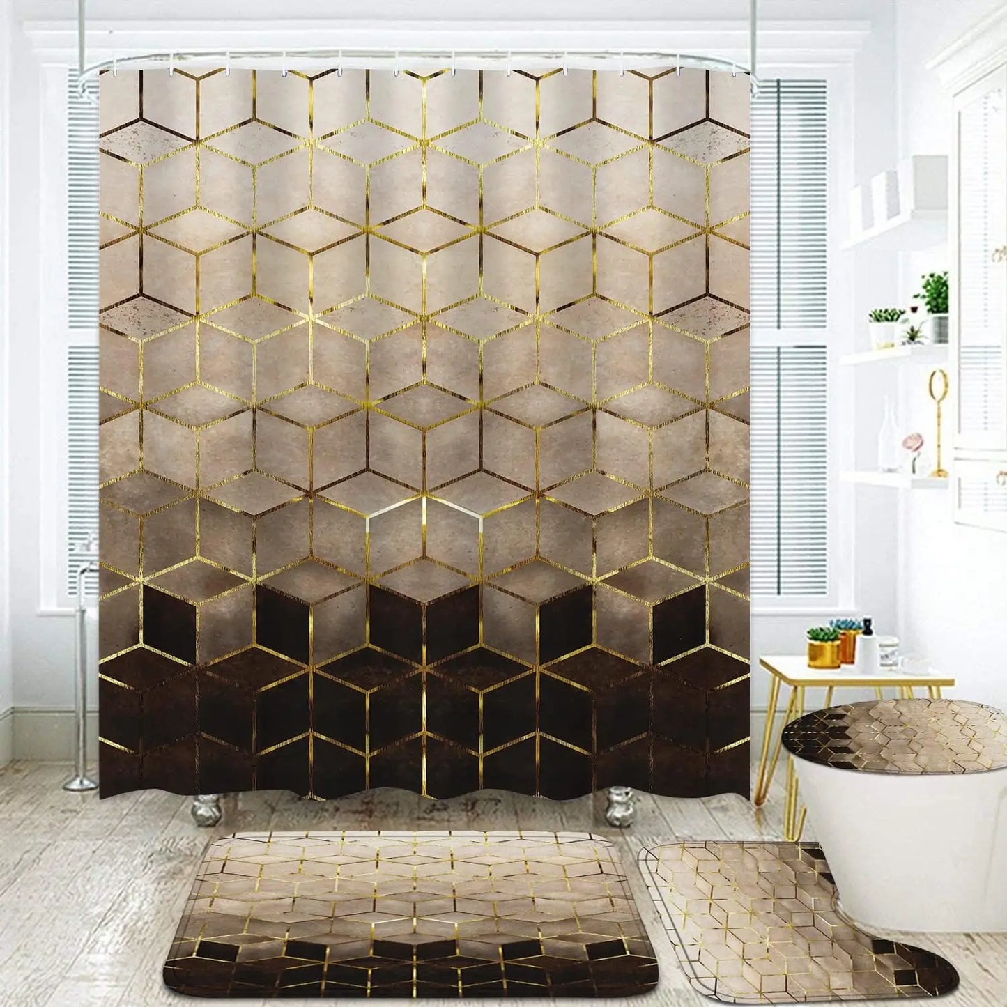 4Pcs Brown Gradient Shower Curtain Set, Modern Geometric Shower Curtain Set Golden Cubic Lines Bathroom Set Texture Art Bath Acc