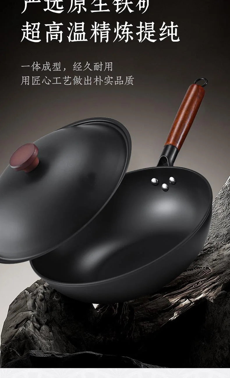 Japanese Iron Pan Wok Frying Pans, Flat Bottom Cast Iron Pans Are Convenient for Induction Cookers and Gas Stoves