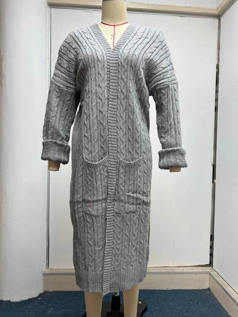 Women Knitted Cardigan Sweater Top Autumn Winter Vintage Fashion Loose Warm Long Sleeve Pocket Twisted Long Knitwear Outwear - AIAZ
