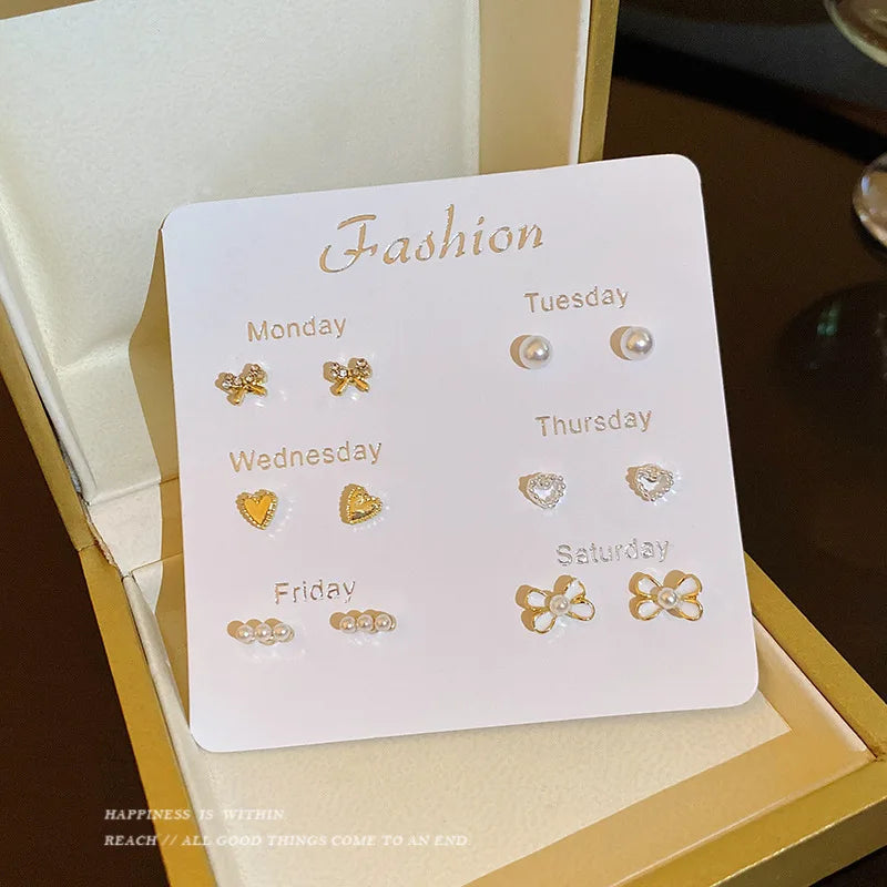 7 Pair/Set Korean Silver Color Fashion Geometric Female Small Earrings Multiple Pairs of Butterfly Cute Stud Earrings Jewelry