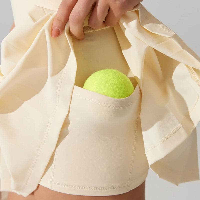 Women Summer Tennis Skirt Solid Color Pleated 2 In 1 Running Skirt Breathable Quick Dry Pocket Badminton Skirt Short Sportswear - AIAZ