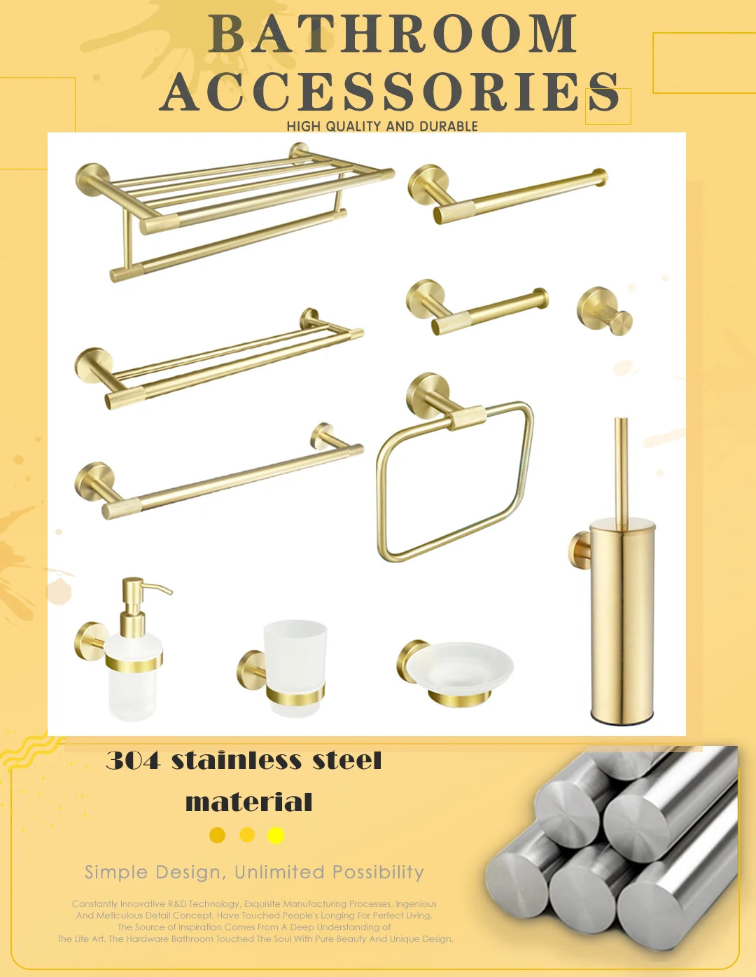 Brushed Gold Stainless Steel Wall Mount Towel Bar Towel Ring Paper Holder Bathrobe Hook Toilet Brush Bathroom Accessories