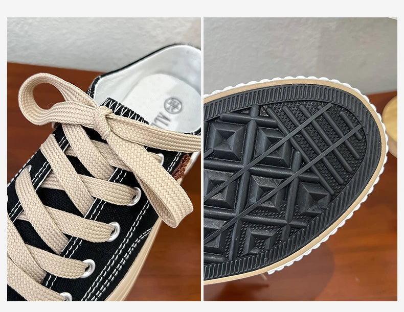 Women Cute Bear Canvas Shoes New Flat Casual All-match Half Slippers Korean Version Trend Lace Up Ladies Vulcanized Shoes 2024