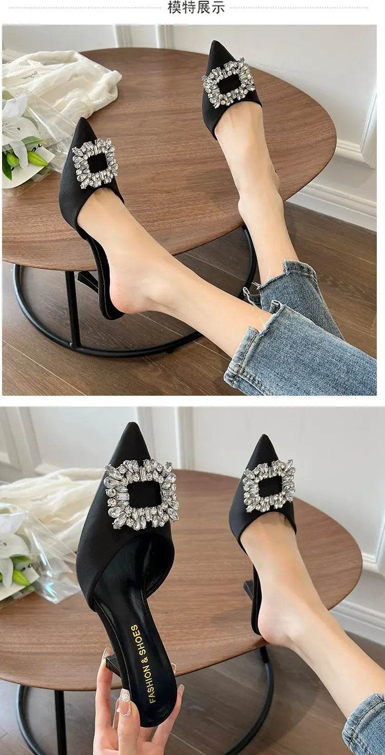 Women Sandals Summer New Slippers Pointed Toe Slingback Mules Shoes Woman Fashion Rhinestone Ladies High Heels Sexy Party Pumps - AIAZ