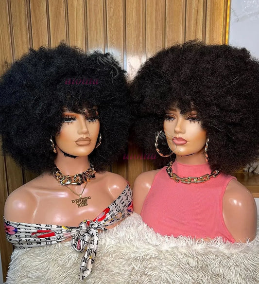 MongolianAfro Kinky Curly 100% Human Hair Fluffy Explosive Head Wig Full Machine Made High Quality Wig For Black Women Daily Use