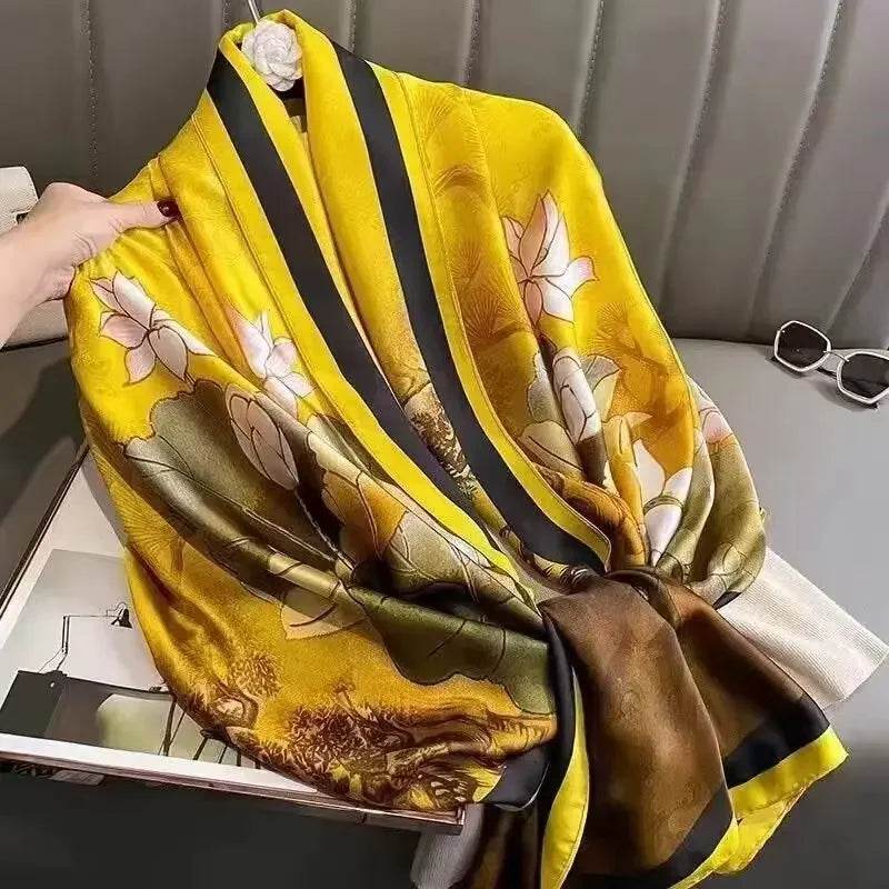 New Summer Women's Silk Scarf Sun Protection Satin Print Extra Long Beach Cover Up Decorative Mom's Shawl Fashionable Accessory - AIAZ