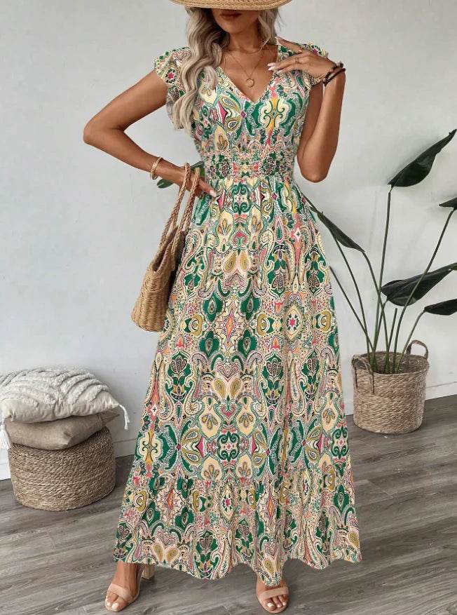 new dresses 2025 woman vestidos para mujer vintage dress Printed V-neck fashion dress Loose ruffle long dresses - AIAZ
