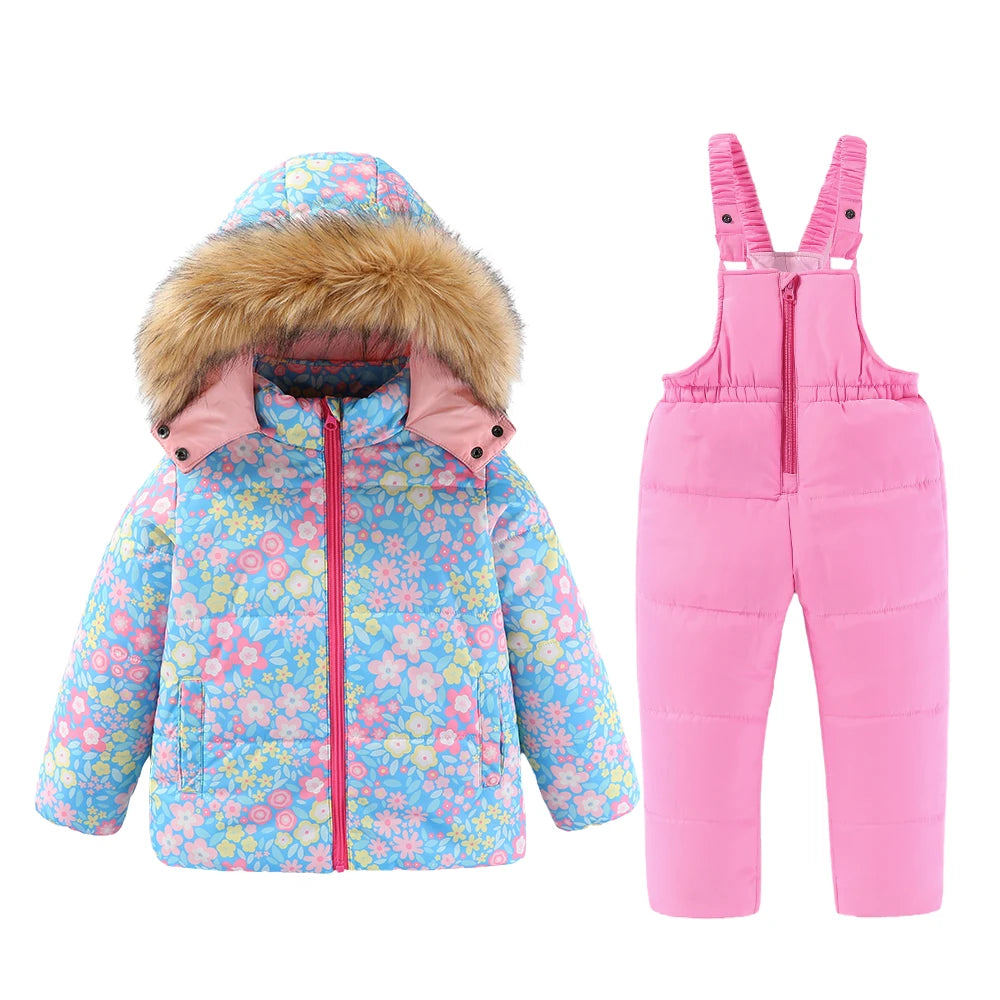 4-8T Kids Girls Ski Suits Hooded Snowboard Coats Children Winter Warm Pant Outdoor Sportwear Thick Cotton Snowboard Skiing Suit