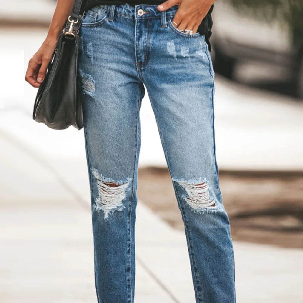2023 New Women's Mid Waist Ripped Jeans Fashion Casual Ankle-Length Denim Straight Leg Pants Gray/Blue S-2XL Drop Shipping - AIAZ