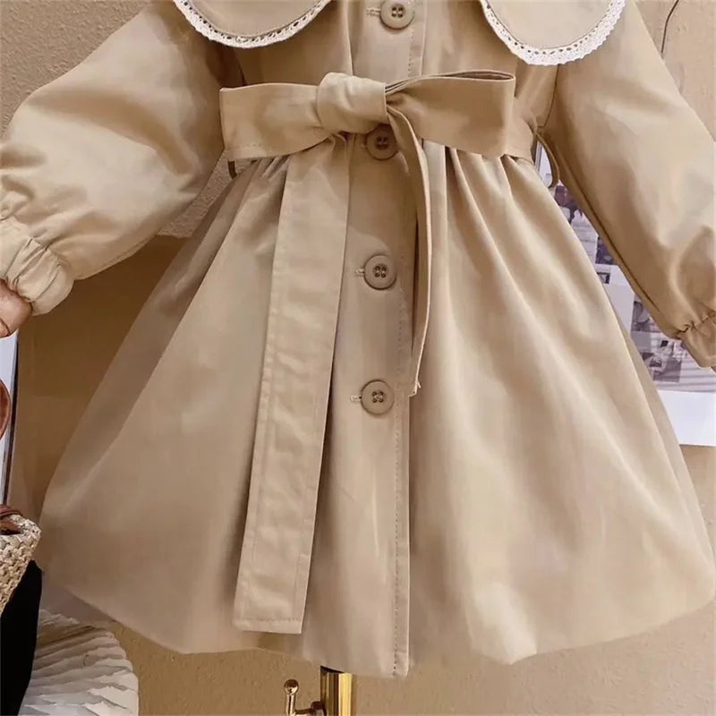 Girls Trench Coats Kids Fashion Waisted Jackets Children Turndown Collar Baby Cute Long Windbreaker Casual Outerwear Clothing