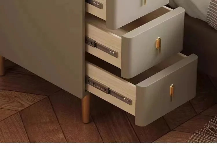 Nordic Style Intelligent Solid Wood Bedside Table Faux Leather 3 Drawers Nightstands with Wireless Charging Side Storage Cabinet