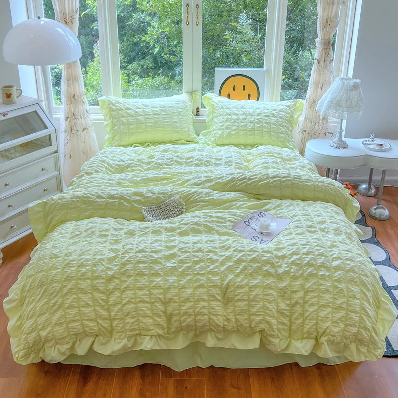 Korean Princess Style Lace Ruffles Bedding Set Skin-friendly Soft Seersucker Duvet Cover Set Bed Sheet Or Bed Skirt Pillowcases