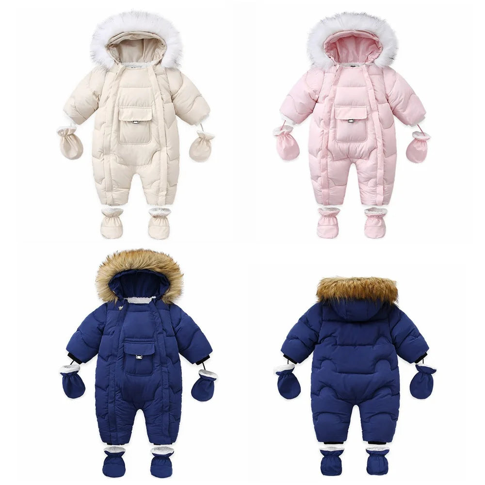 2024 New Winter Baby Rompers Thick Warm Infant Hooded Inside Fleece Jumpsuit Newborn Boy Girl Overalls Toddler Clothing Set