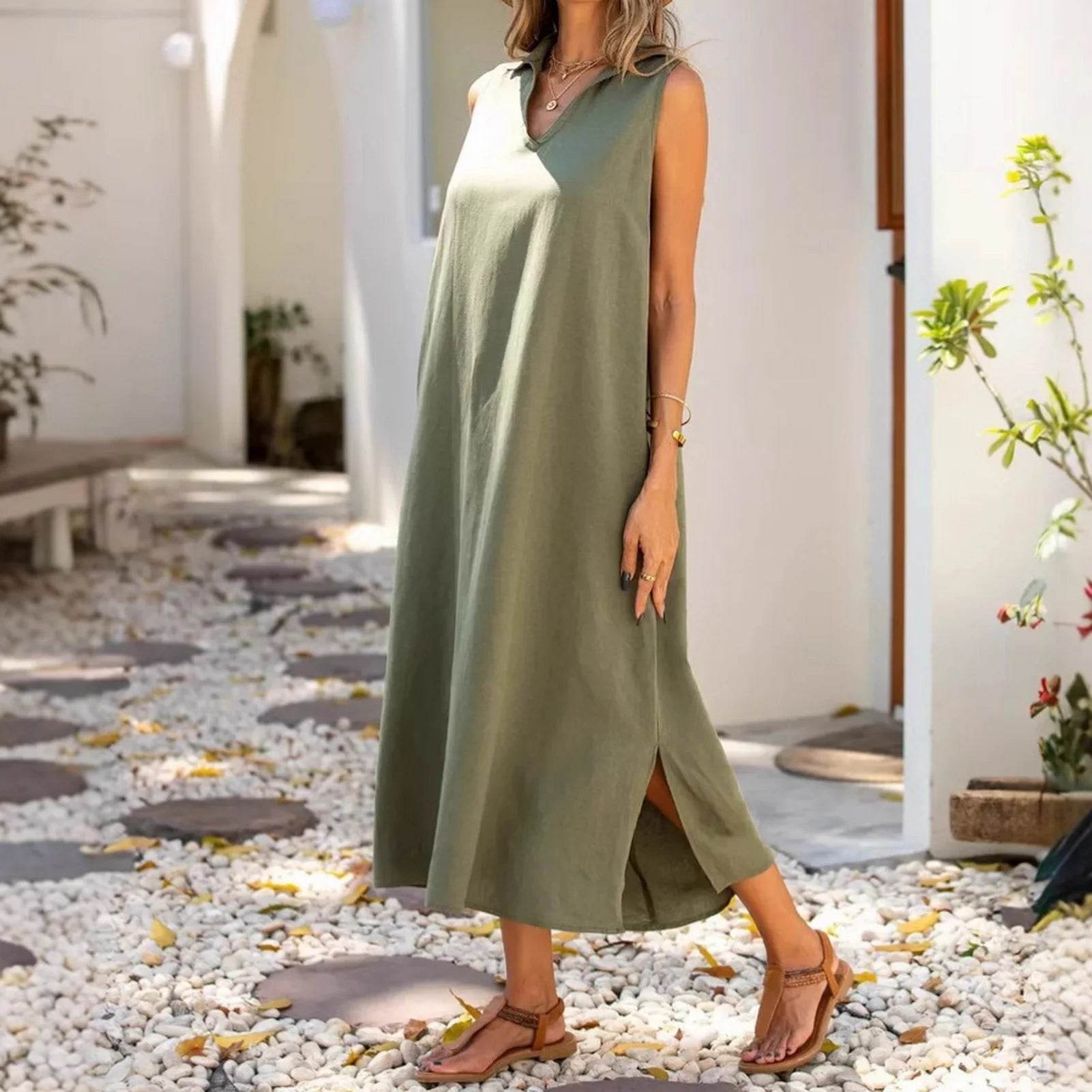 Dresses Woman Party Night V Neck Solid Color Tank Dress Cotton Linen Casual Loose Sundress Plain Long Dresses Vestidos Largos - AIAZ