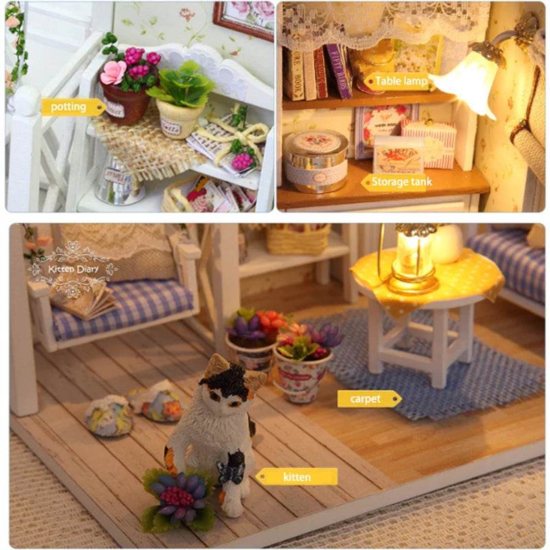 Kitten Mini Doll House 3D Puzzle Assembly Model Building Kit Creative Room Bedroom Decoration With Furniture Wooden Crafts Gifts - AIAZ